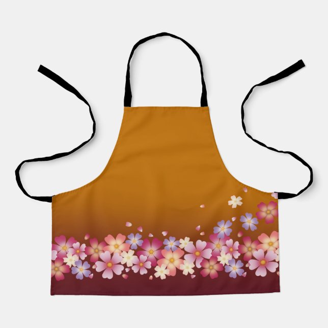 Mixed Sakura Blossoms Kimono Style Burgundy & Gold Apron (Front)