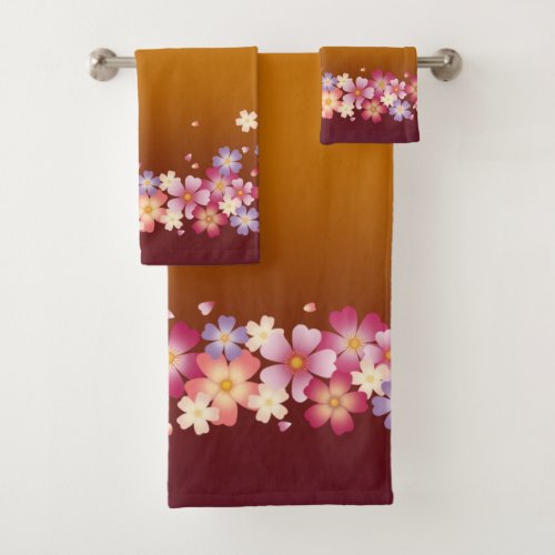 Mixed Sakura Blossoms Kimono Style Burgundy  Gold Bath Towel Set