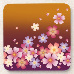 Mixed Sakura Blossoms Kimono Style Burgundy & Gold Beverage Coaster