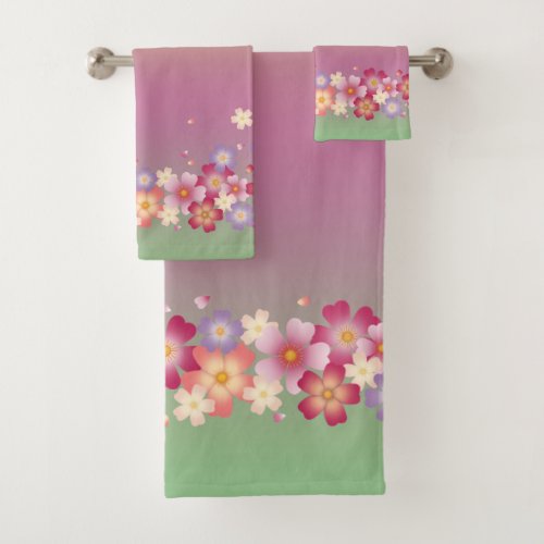 Mixed Sakura Blossoms Kimono Style Rainbow Bath Towel Set