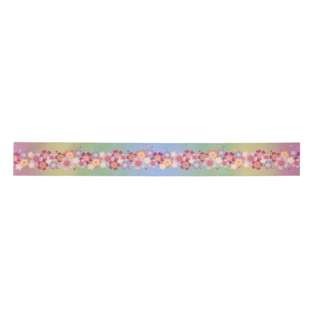 Mixed Sakura Blossoms Kimono Style Rainbow Satin Ribbon (Front)