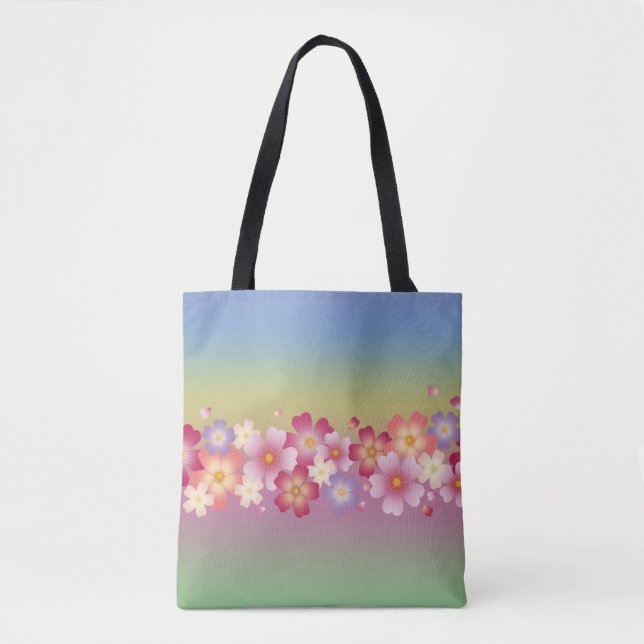 Mixed Sakura Blossoms Kimono Style Rainbow Tote Bag (Front)