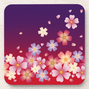 Mixed Sakura Blossoms Kimono Style Red & Purple Beverage Coaster