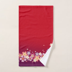 Mixed Sakura Blossoms Kimono Style Red & Purple Hand Towel