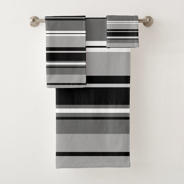 Mixed Striped Pattern Black White Grays Bath Towel Set (Insitu)