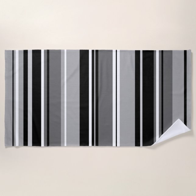 Mixed Striped Pattern Black White Grays Beach Towel (Front)