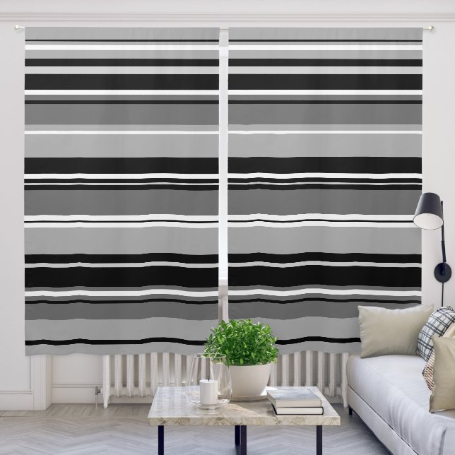 Mixed Striped Pattern Black White Grays Blackout Curtains (Living Room)