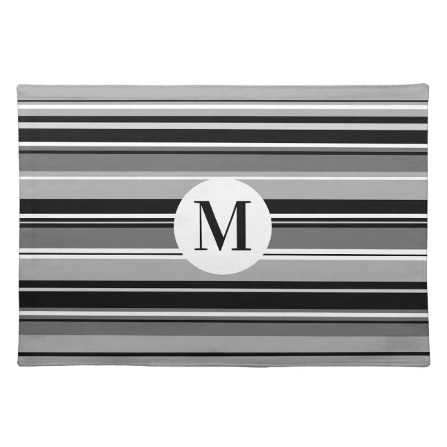 Mixed Striped Pattern Black White Grays (Initial) Cloth Placemat (Front)