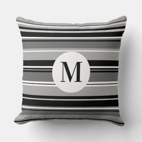 Mixed Striped Pattern Black White Grays Initial Throw Pillow