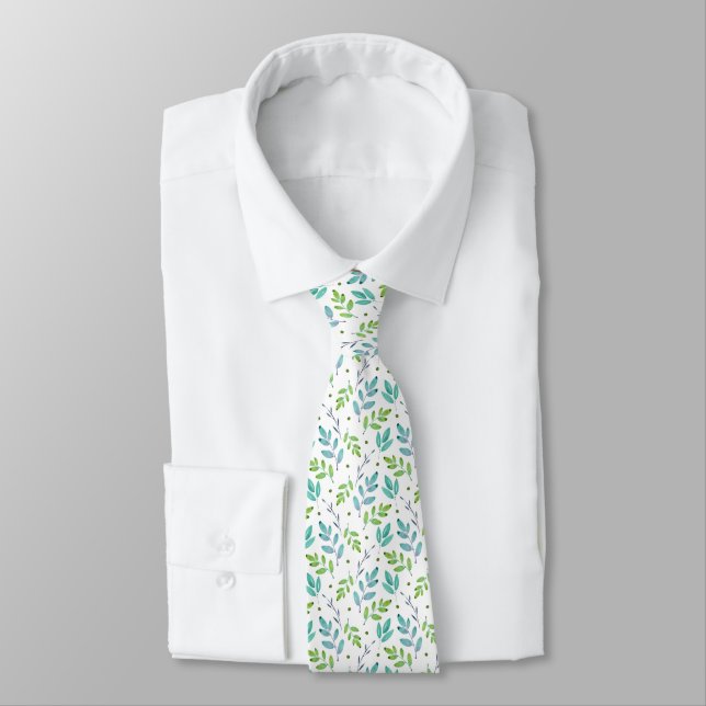 Mixed Teal, Green Watercolor Leaves Pattern Neck Tie (Tied)