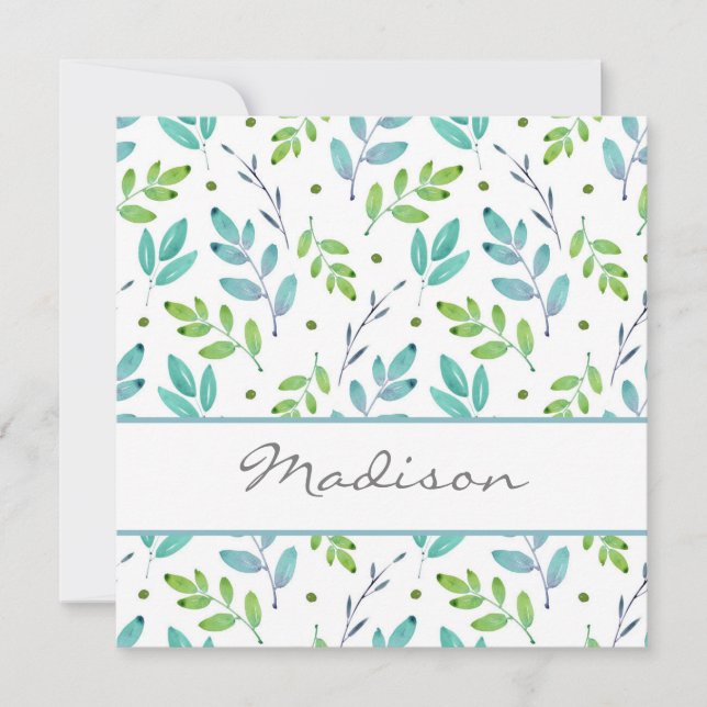 Mixed Teal, Green Watercolor Leaves Pattern   Note Card (Front)