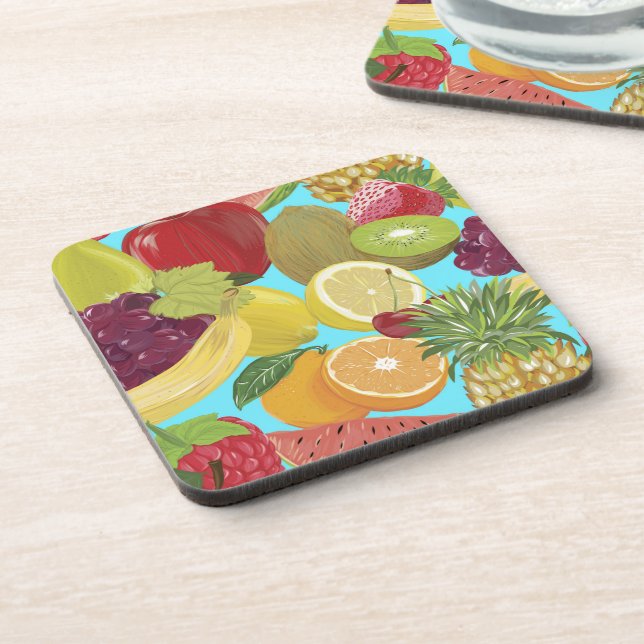 Mixed Tropical Fruit Illustration Pattern Beverage Coaster (Left Side)
