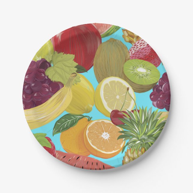 Mixed Tropical Fruit Illustration Pattern Paper Plates (Front)