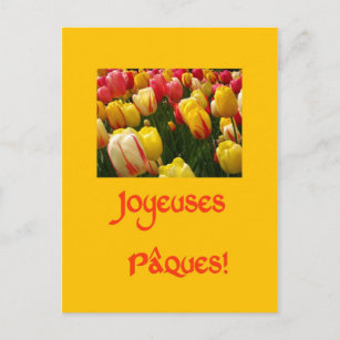 mixed tulips yellow easter greeting in French Holiday Postcard