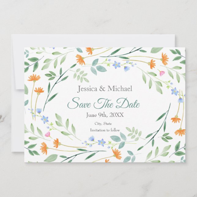 Mixed Watercolor Floral Frame Save The Date (Front)