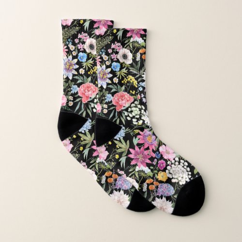 Mixed Watercolor Garden Flowers Black Socks