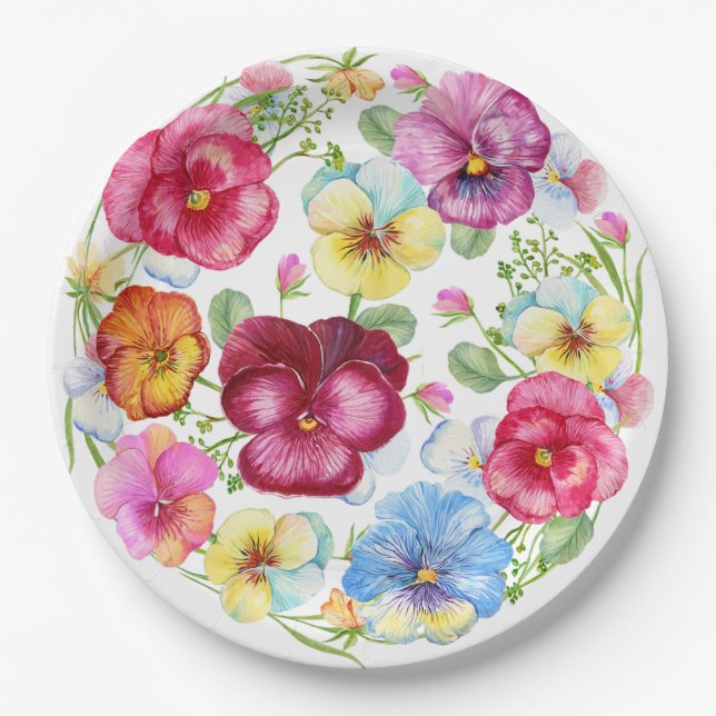Mixed Watercolor Pansy Flowers  Paper Plates (Front)