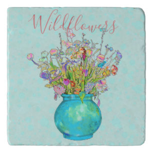 Mixed Wildflowers Bouquet Aqua Round Ceramic Vase Trivet
