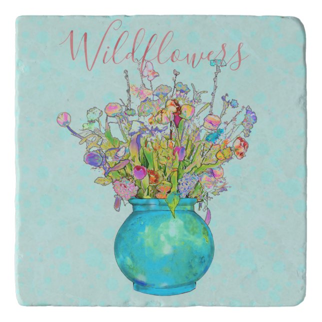Mixed Wildflowers Bouquet Aqua Round Ceramic Vase Trivet (Front)