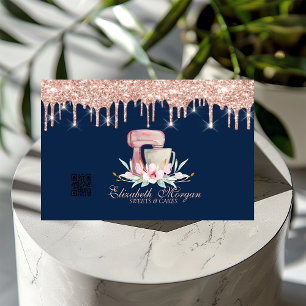 Mixer Floral Rose Gold Drips QR Code Navy Blue Business Card