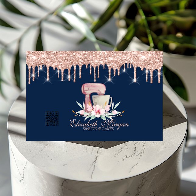 Mixer Floral Rose Gold Drips QR Code Navy Blue Business Card (Creator Uploaded)
