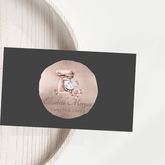 Mixer Flower Hearts Rose Gold Circle Gray Bakery Business Card (Creator Uploaded)