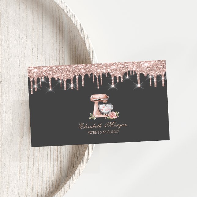Mixer Flower Hearts Rose Gold Drips Bakery   Business Card (Creator Uploaded)