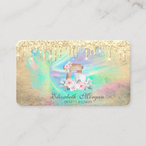  Mixer Flowers Gold Drips Holographic Ink  Bakery  Business Card