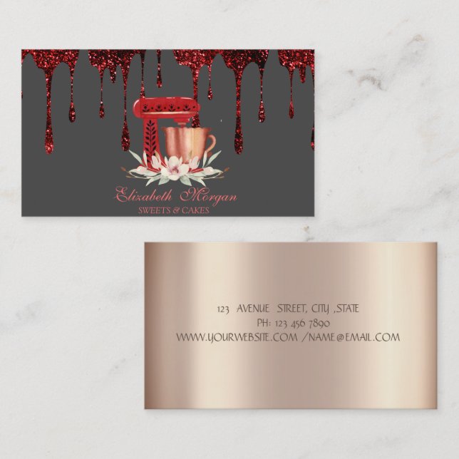 Mixer Flowers Red Glitter Drips Bakery   Business Card (Front/Back)