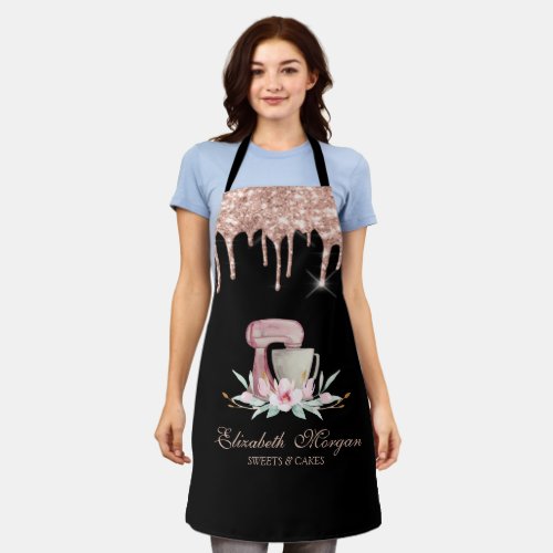 Mixer Flowers Rose Gold Drips Bakery Black  Apron