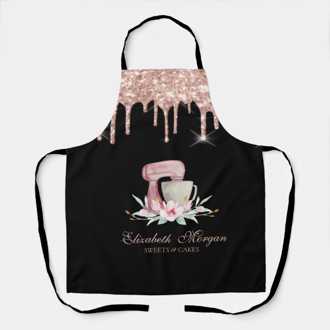 Mixer Flowers Rose Gold Drips Bakery Black  Apron (Front)