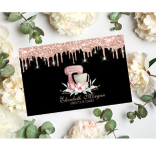 Mixer Flowers Rose Gold Drips Bakery Black  Business Card