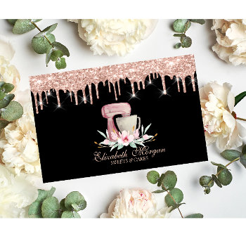 Mixer Flowers Rose Gold Drips Bakery Black  Business Card by Biglibigli at Zazzle