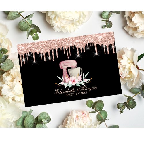 Mixer Flowers Rose Gold Drips Bakery Black  Business Card