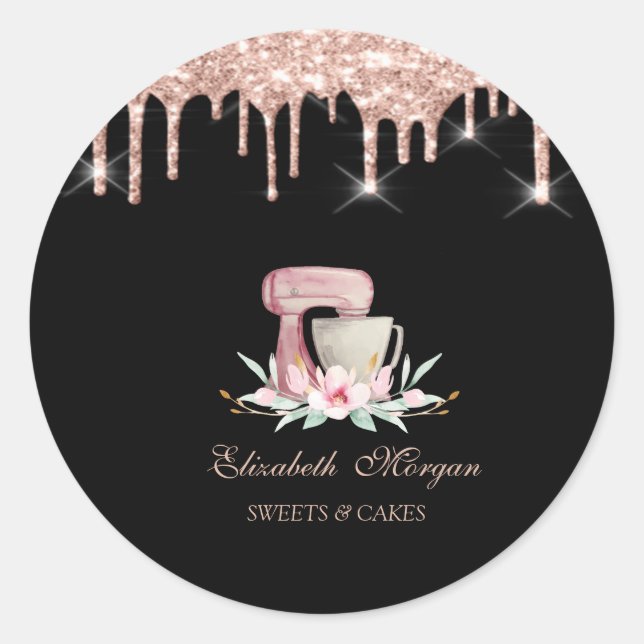 Mixer Flowers Rose Gold Drips Bakery Black  Classic Round Sticker (Front)