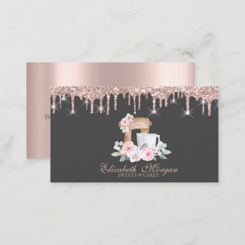 Mixer Flowers Rose Gold Drips Bakery   Business Ca Business Card