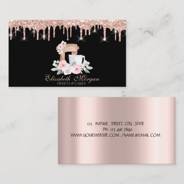 Mixer Flowers Rose Gold Drips Bakery  Business Card (Front/Back)