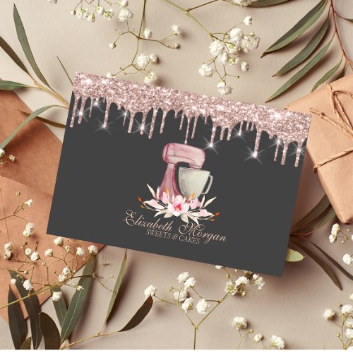 Mixer Flowers Rose Gold Drips Bakery   Business Card