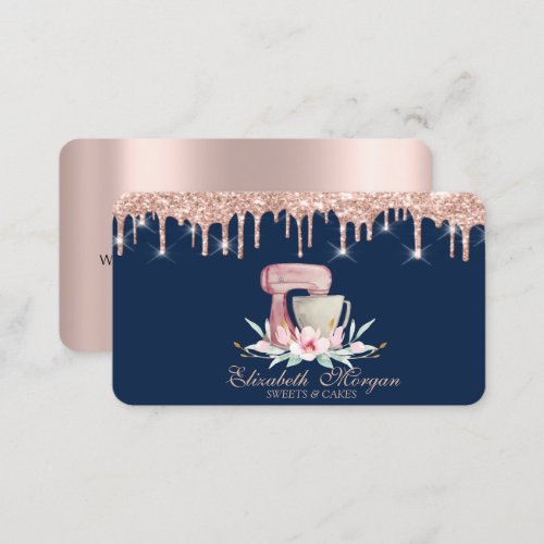 Mixer Flowers Rose Gold Drips Bakery Navy Blue Business Card