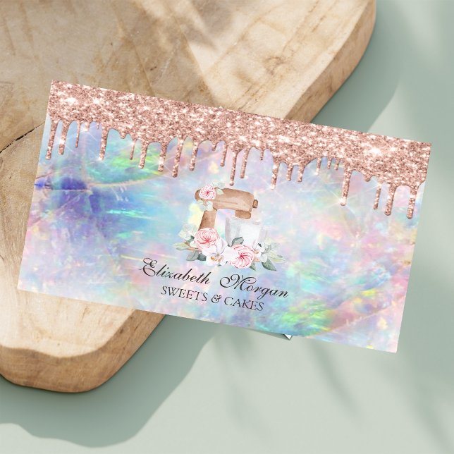 Mixer Flowers Rose Gold Drips Opal Bakery   Business Card (Creator Uploaded)