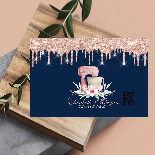 Mixer Flowers Rose Gold Drips QR Code Navy Blue Business Card (Creator Uploaded)