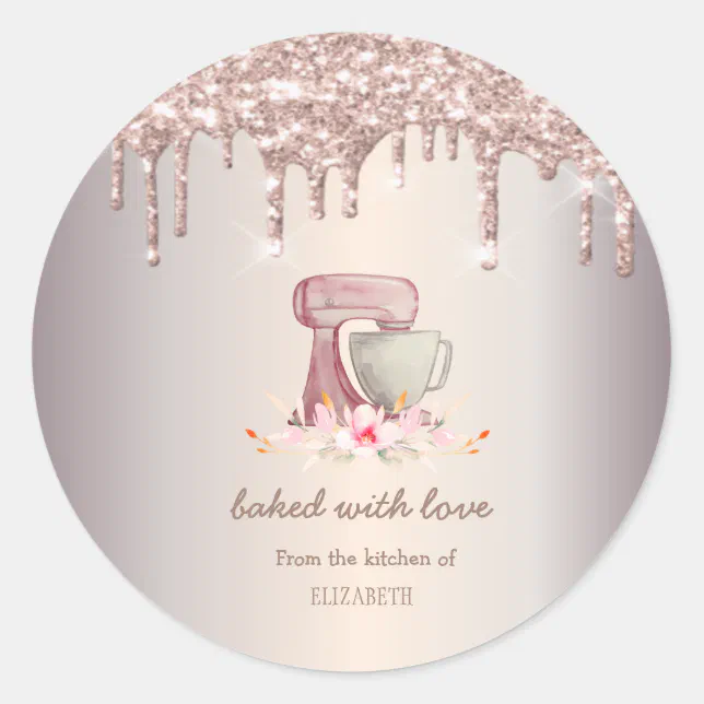 Mixer Flowers Rose Gold Glitter Drips Bakery Classic Round Sticker Zazzle 8127