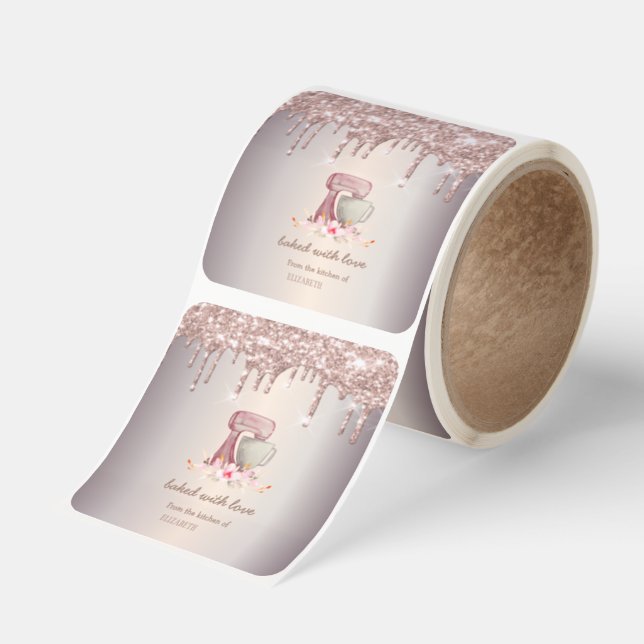Mixer Flowers Rose Gold Glitter Drips Bakery    Square Sticker (Roll)