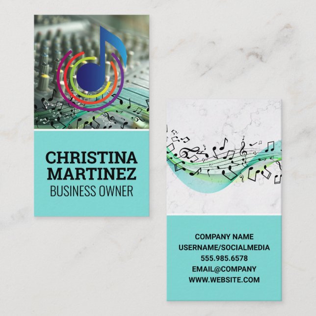 Mixer Instrument | Colorful Musical Notes Logo Business Card (Front/Back)