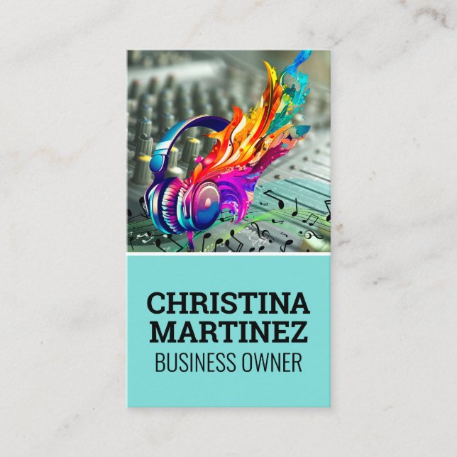 Mixer Instrument | Musical Notes Head Phones Business Card (Front)