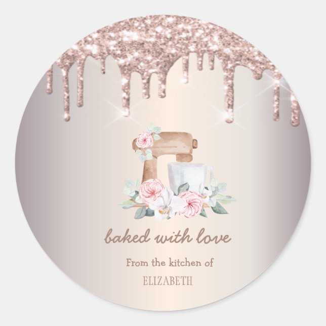 Mixer Roses, Rose Gold Glitter Drips Bakery  Classic Round Sticker (Front)