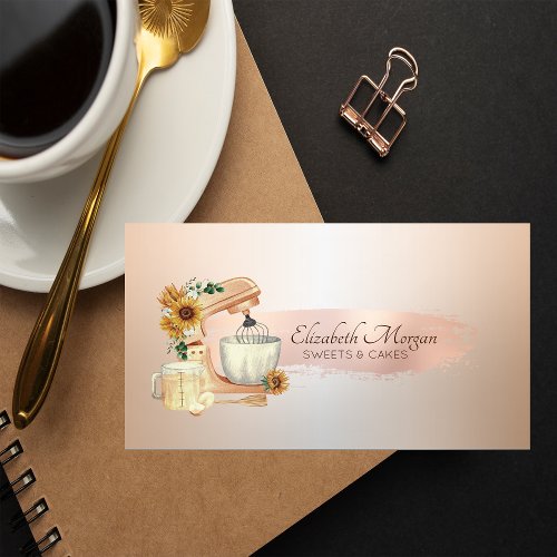  Mixer Sunflowers Rose Gold Brush StrokeBakery Business Card