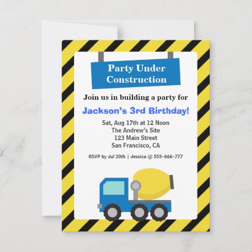 Mixer Truck Construction Theme kids Birthday Party Invitation