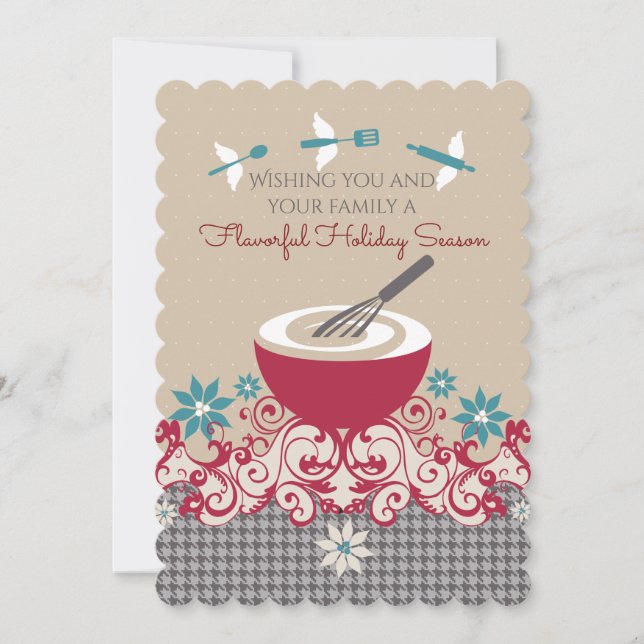 Mixing bowl whisk flying utensils Christmas card (Front)