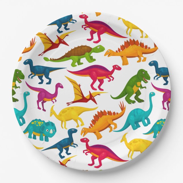 Mixture of Colorful Dinosaurs in Black Canvas Paper Plates (Front)